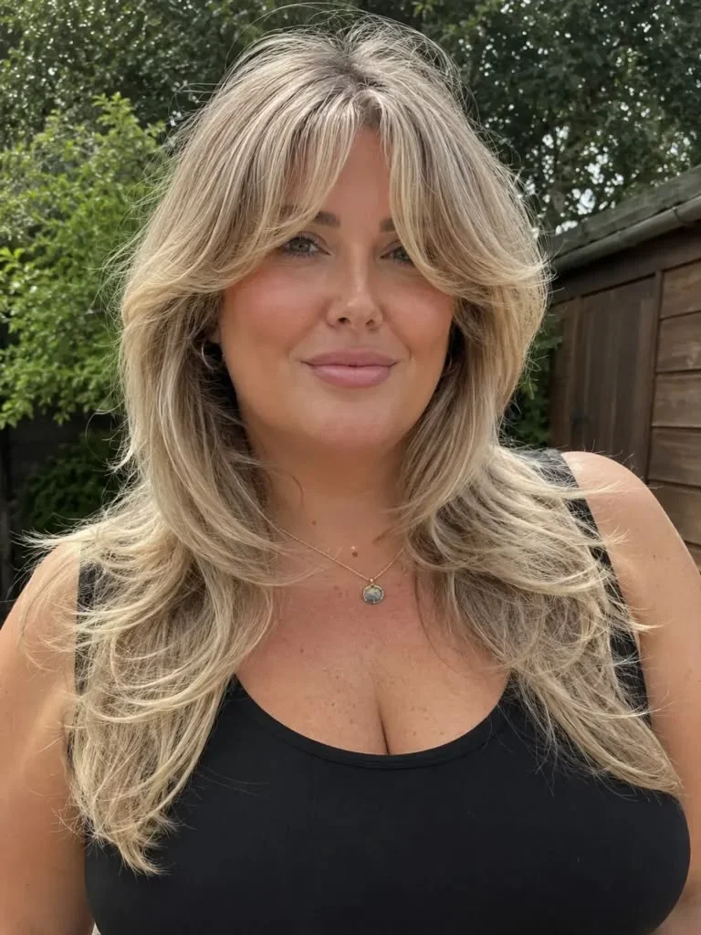 Cabello largo con flequillo cortina denso y capas profundas alrededor del rostro